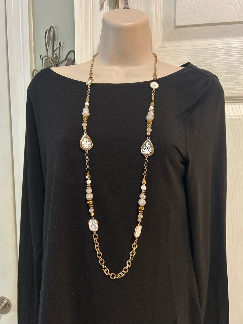NWT Hannah Long Gold-Tone Beaded Pendant Necklace with White Filigree Accents